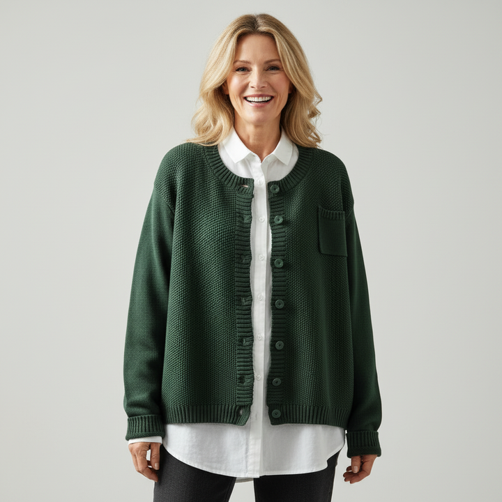 Margriet soft knit cardigan, dark green, button front and side pockets