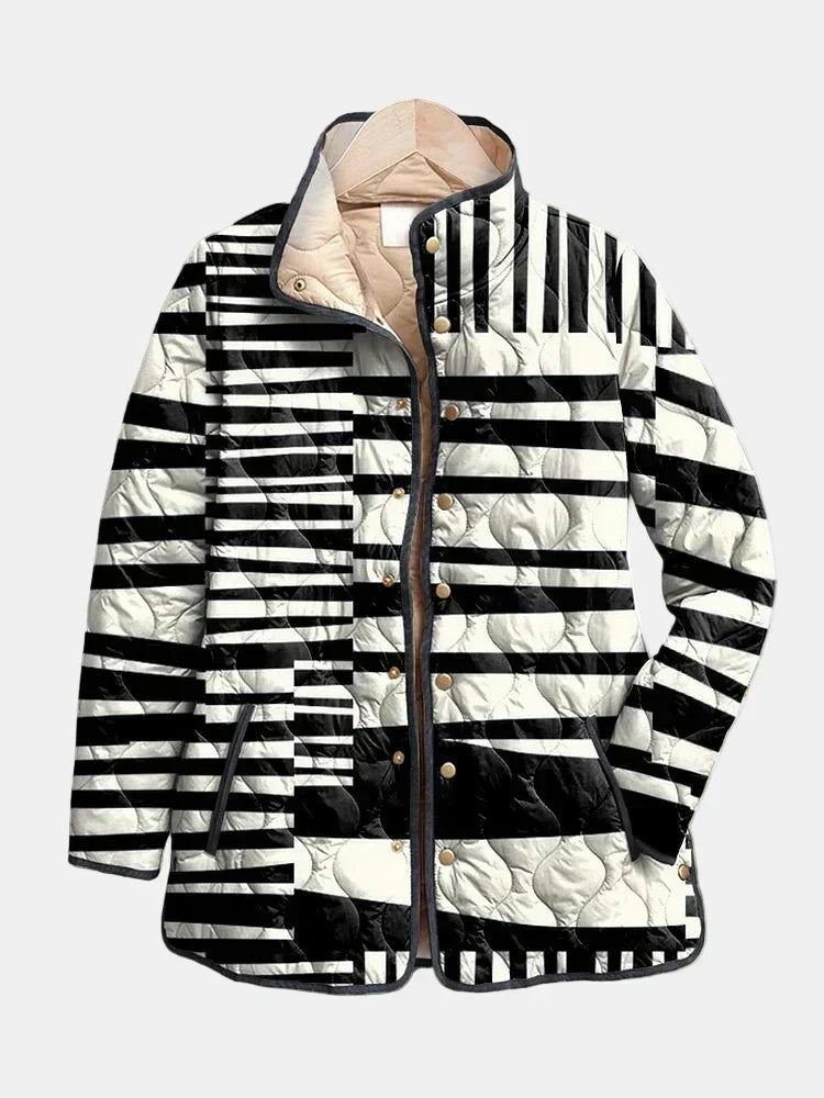 Quilted hooded jacket with black-and-white stripe pattern, gold buttons, front pockets