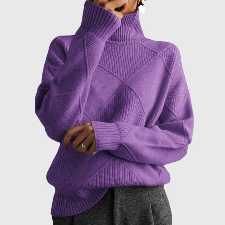Violet turtleneck knit jumper with ribbed collar and diamond cross detail