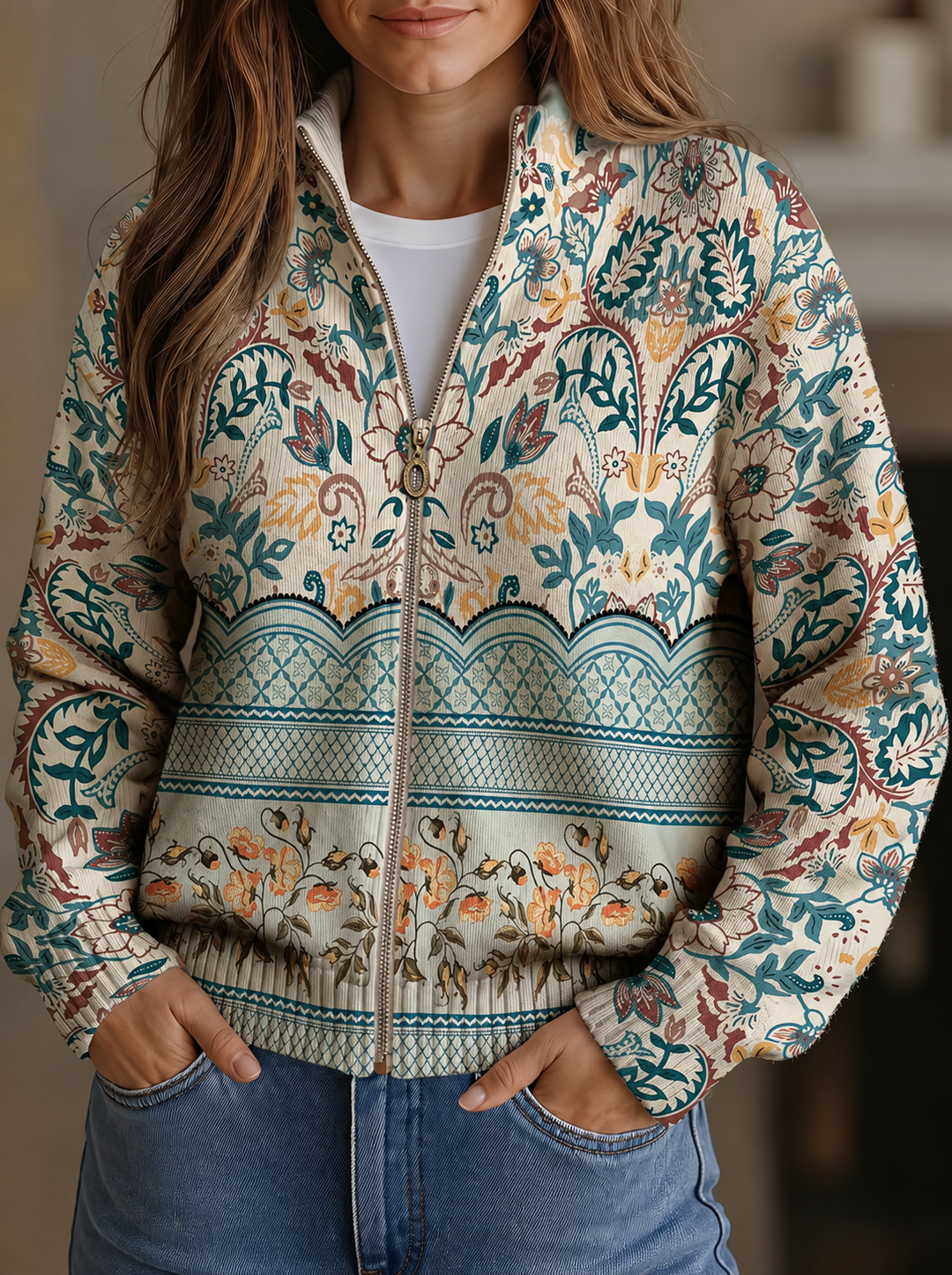 Botanical print zip cardigan, teal and cream with long sleeves and ribbed hem