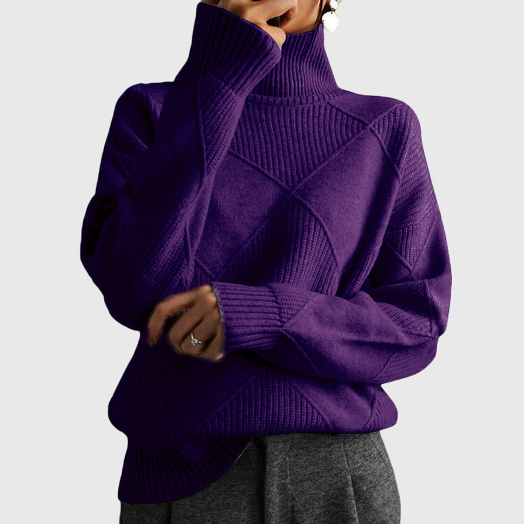 Purple turtleneck knit jumper with diamond motif and ribbed cuffs, long sleeves