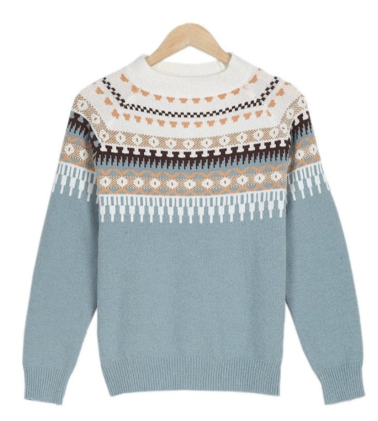 Light blue knit jumper with Fair Isle yoke stripe patterns and crew neck