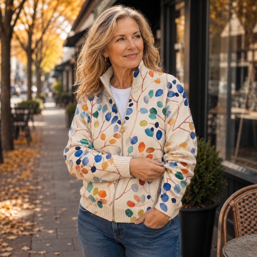 Botanical leaf print zip cardigan, long sleeves and ribbed cuffs; multicolor pattern