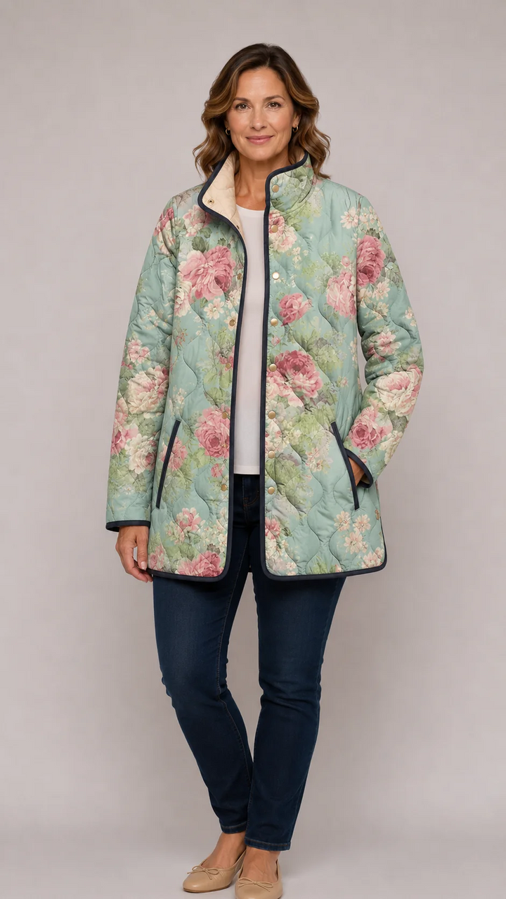 Floral quilted jacket, mint with pink flowers, navy trim, full zipper.