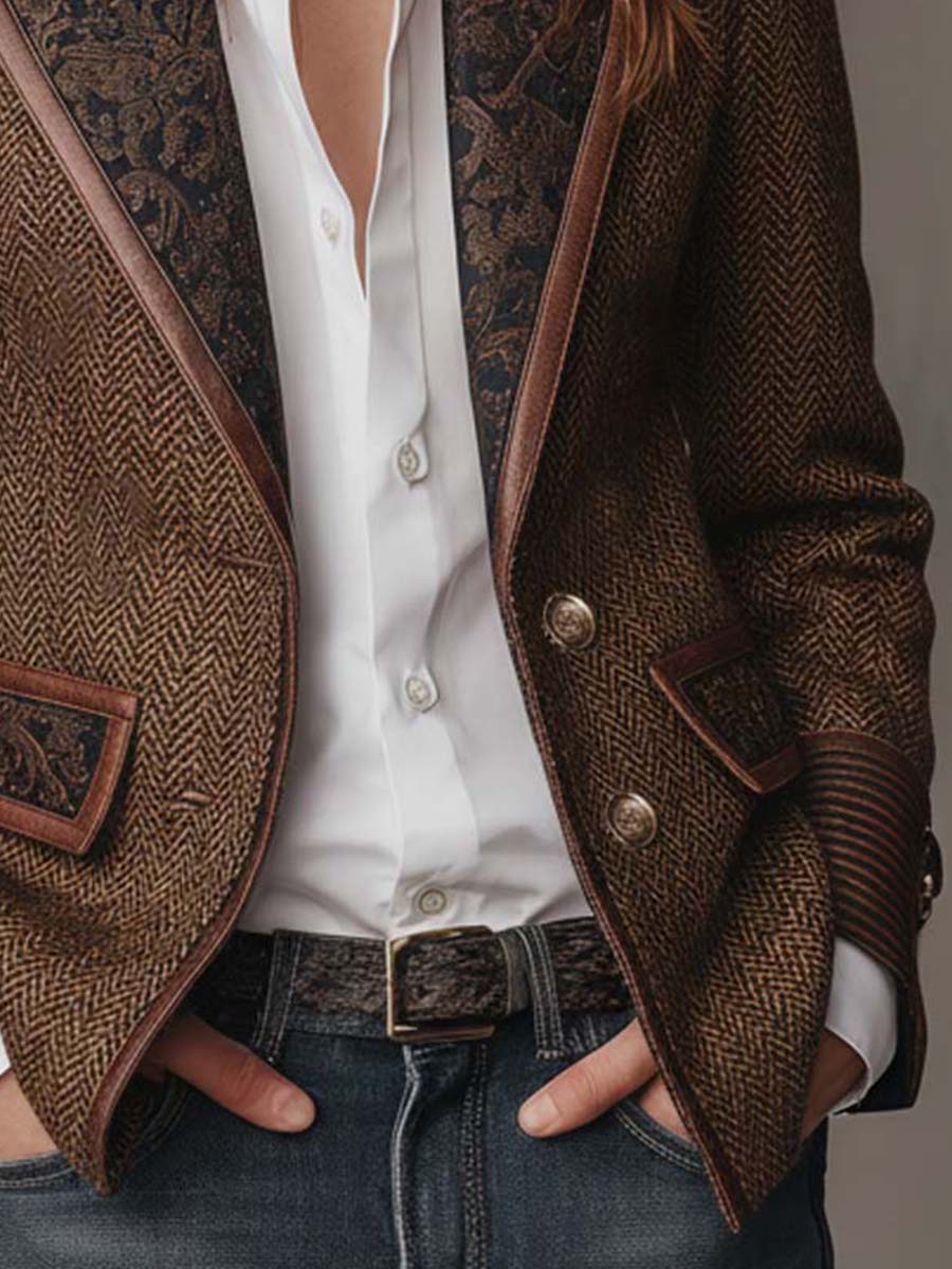 Brown herringbone tweed blazer with dark printed panel, flap pocket, and button cuffs