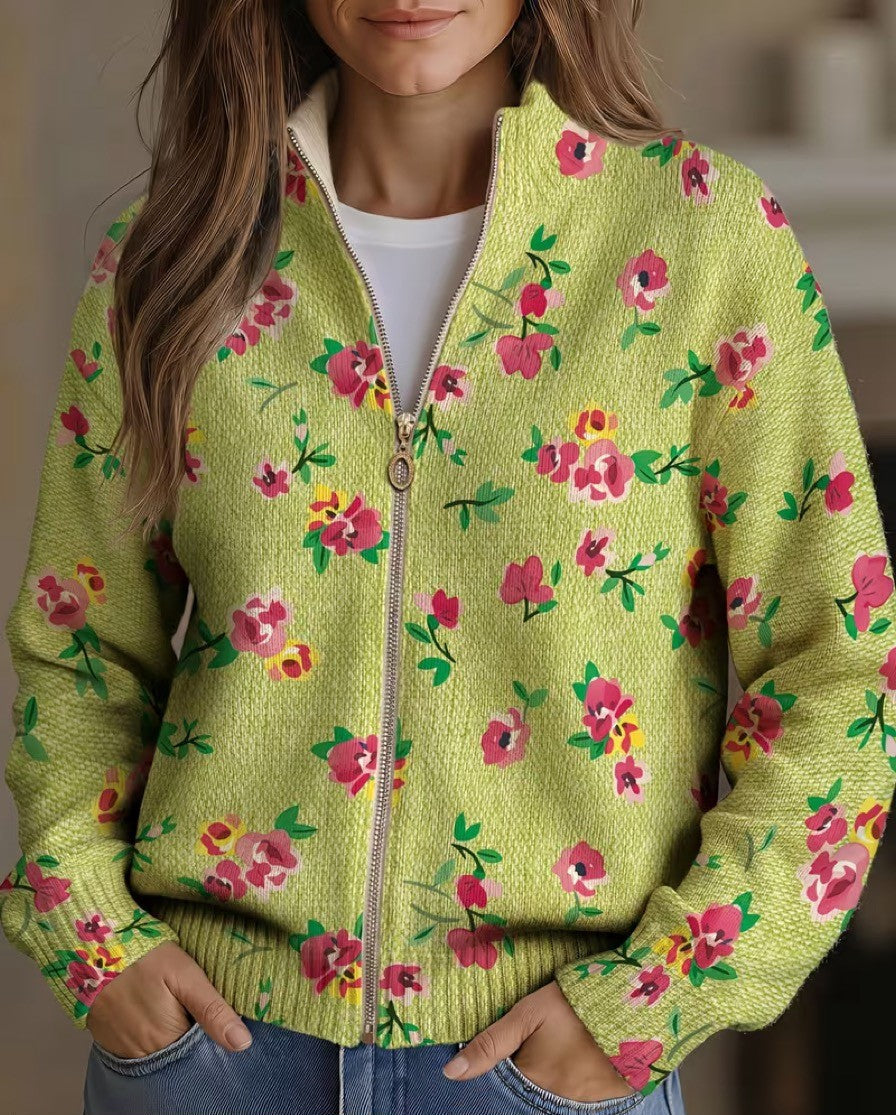 Lime green floral zip cardigan with stand collar and long sleeves