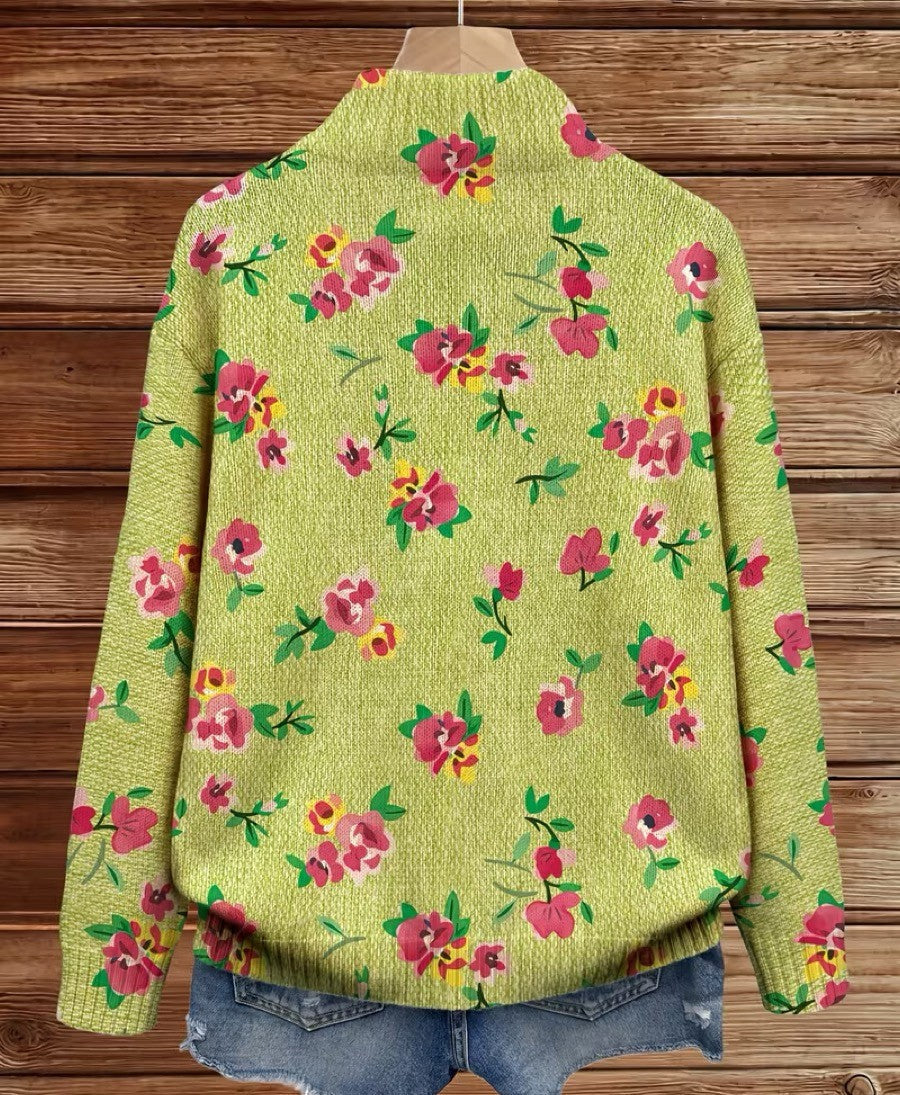 Lime green floral cardigan back with full-length sleeves and knit texture