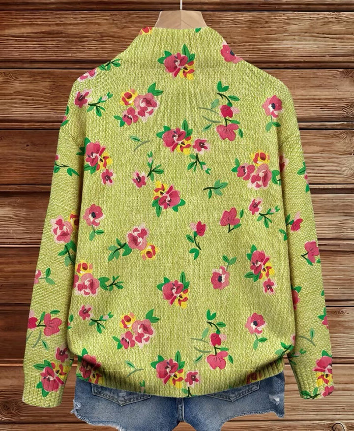 Lime green floral cardigan back with full-length sleeves and knit texture