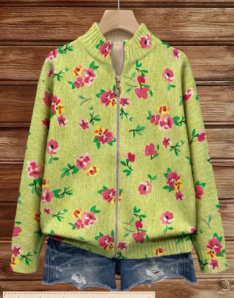 Lime green floral full-zip cardigan with front zipper and long sleeves