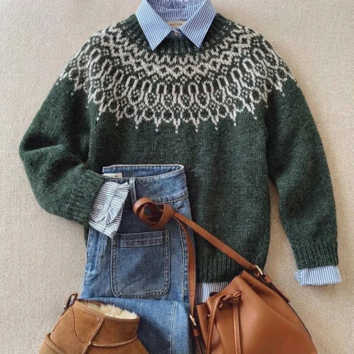 Green fair isle knit jumper with crew neck, ribbed hem, and patterned chest yoke