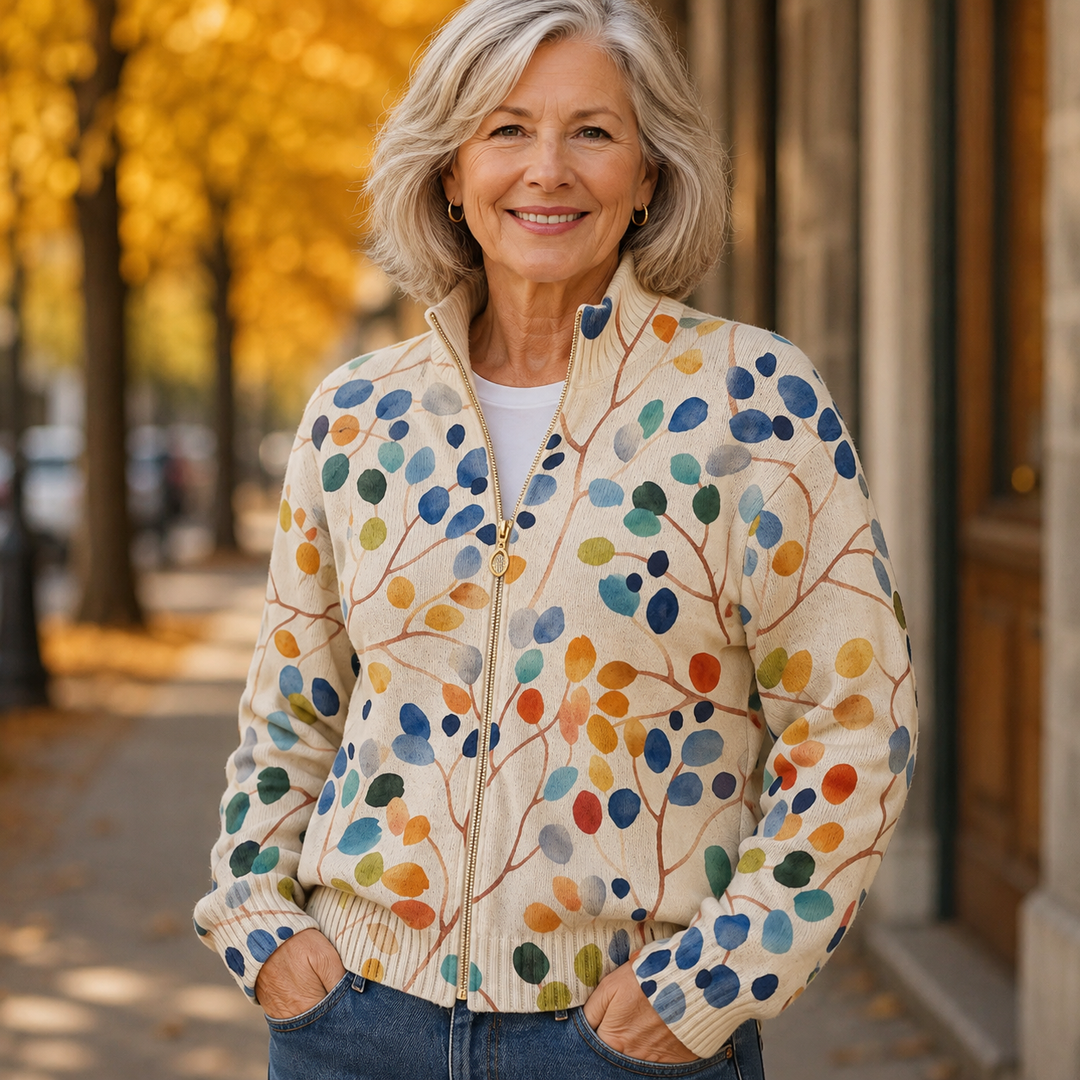 Botanical leaf print zip cardigan with front zipper and ribbed hem, multicolor foliage