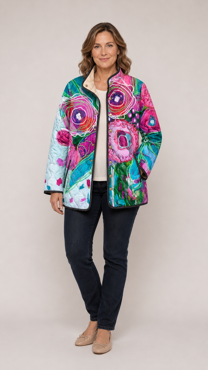 Isabella™ floral quilted jacket in multicolor with zip-front and long sleeves