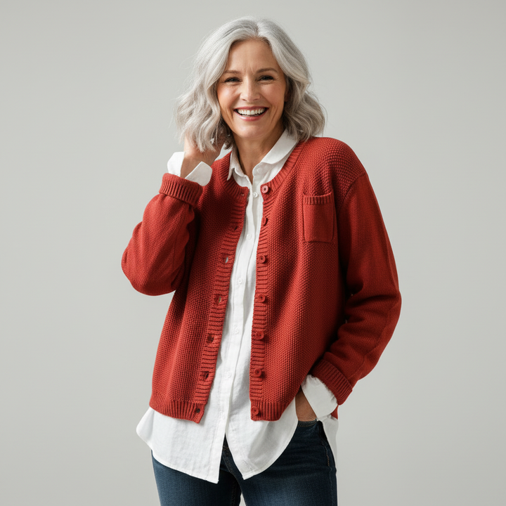 Margriet soft knit cardigan, rust red, button front with chest pocket