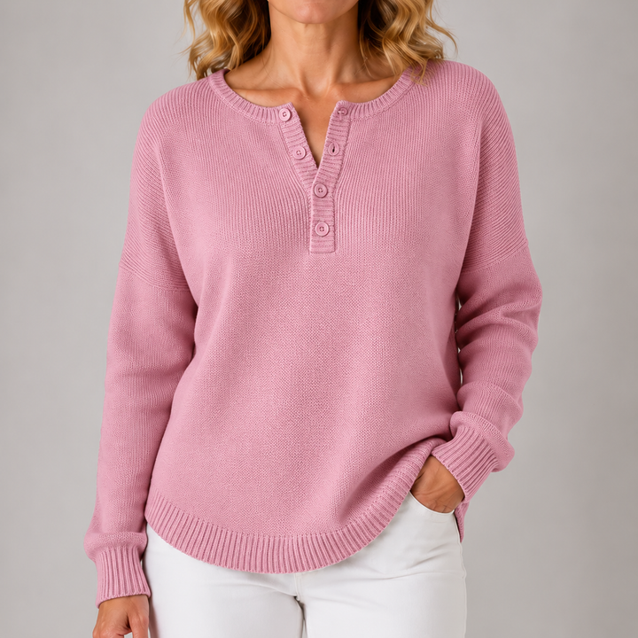 Pink classic button knit sweater with henley placket and ribbed cuffs