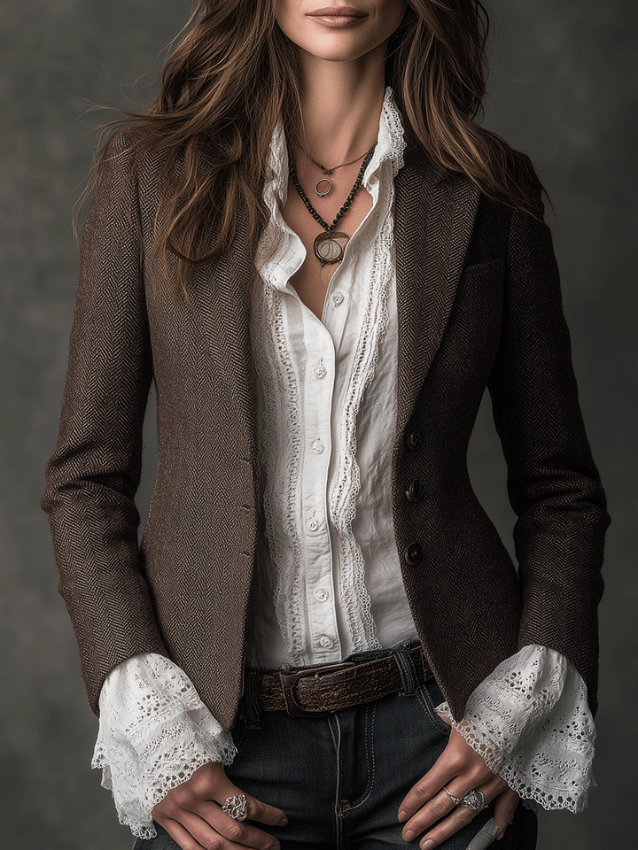 Women's brown tweed tailored blazer with notched lapel, two-button front, flap pockets.