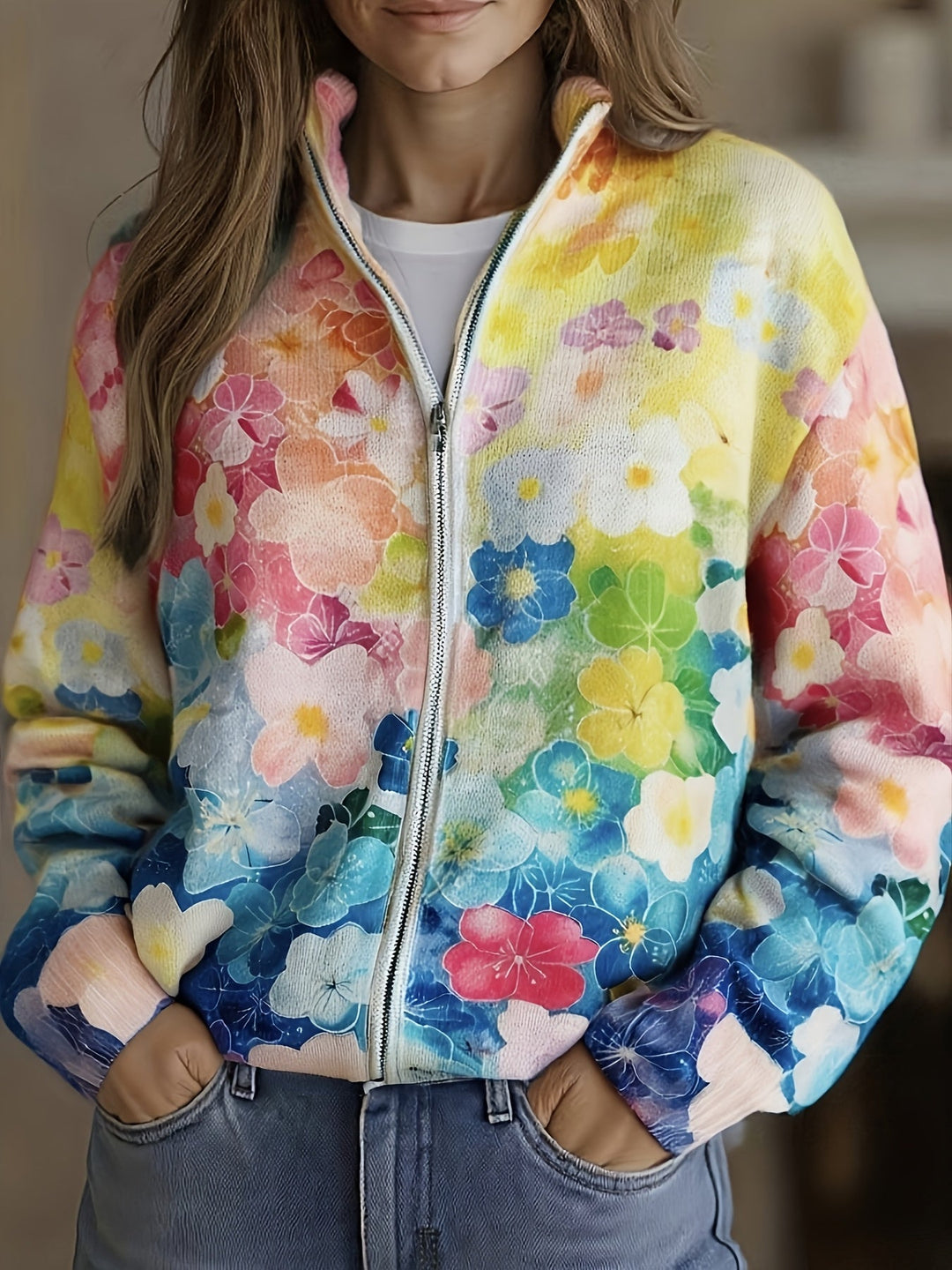 Orla™ watercolor floral zip cardigan, multicolor long-sleeve sweater with front zipper