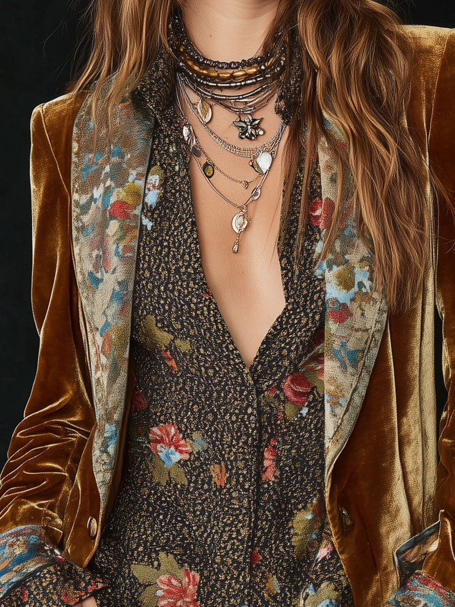Brown velvet blazer front with patchwork floral pattern at lapels and chest