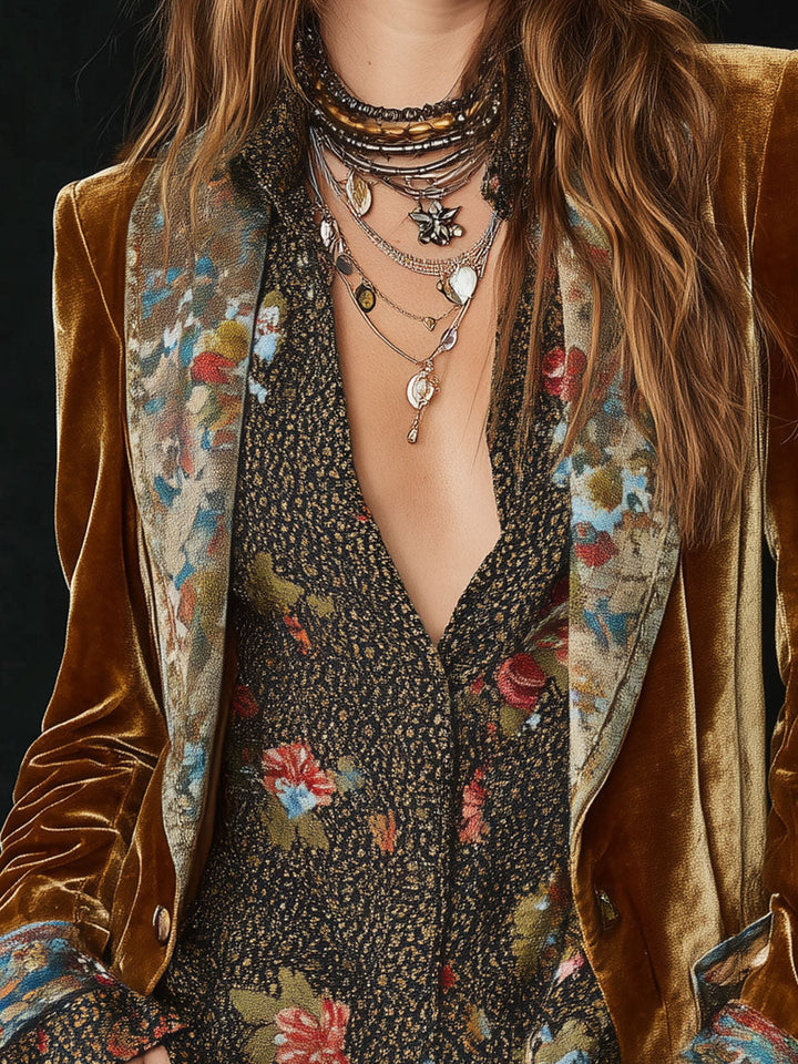 Brown velvet blazer front with patchwork floral pattern at lapels and chest