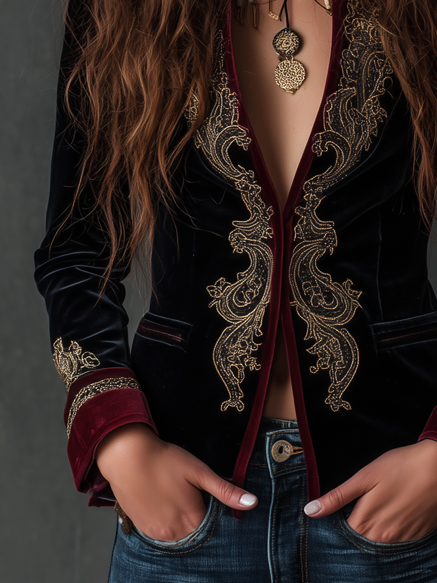 Embroidered velvet blazer with gold baroque front panels, burgundy cuffs, black