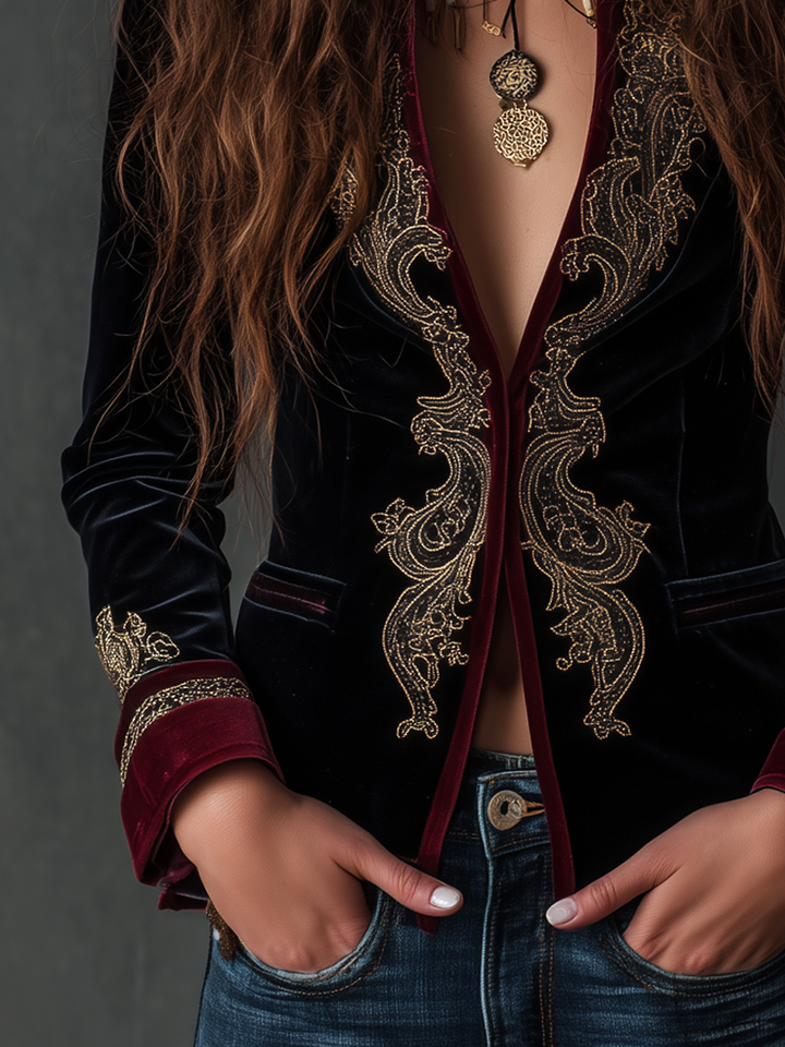 Embroidered velvet blazer with gold baroque front panels, burgundy cuffs, black