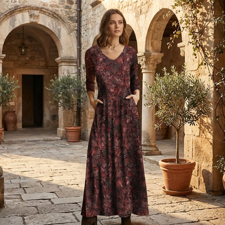 Floral print maxi dress with V-neck and long sleeves, burgundy and dark ornamental pattern