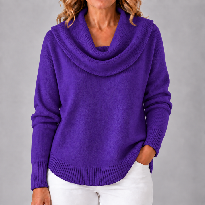 Purple cowl neck knit sweater with draped cowl, long sleeves, ribbed cuffs and hem