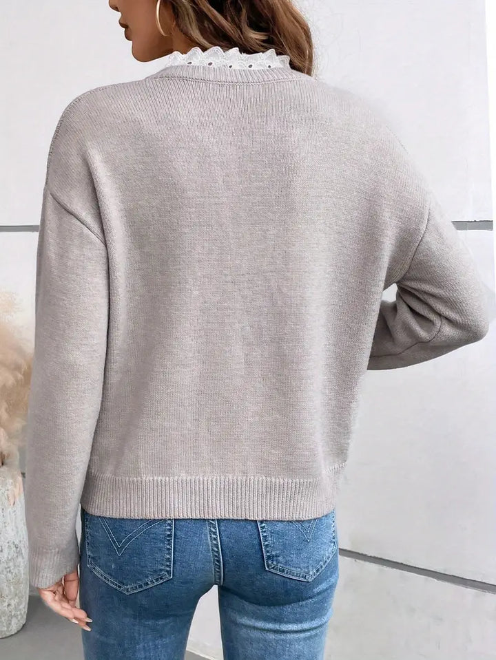 Kaitlyssa ™ light gray knit sweater, back view with ribbed hem and long sleeves