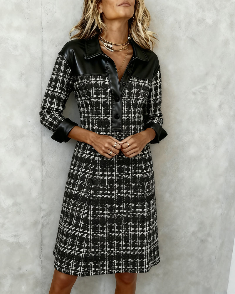 Black houndstooth patchwork shirt dress with button placket and long sleeves
