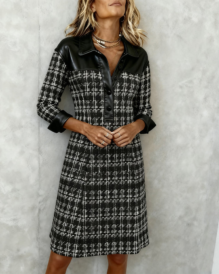 Black houndstooth patchwork shirt dress with button placket and long sleeves