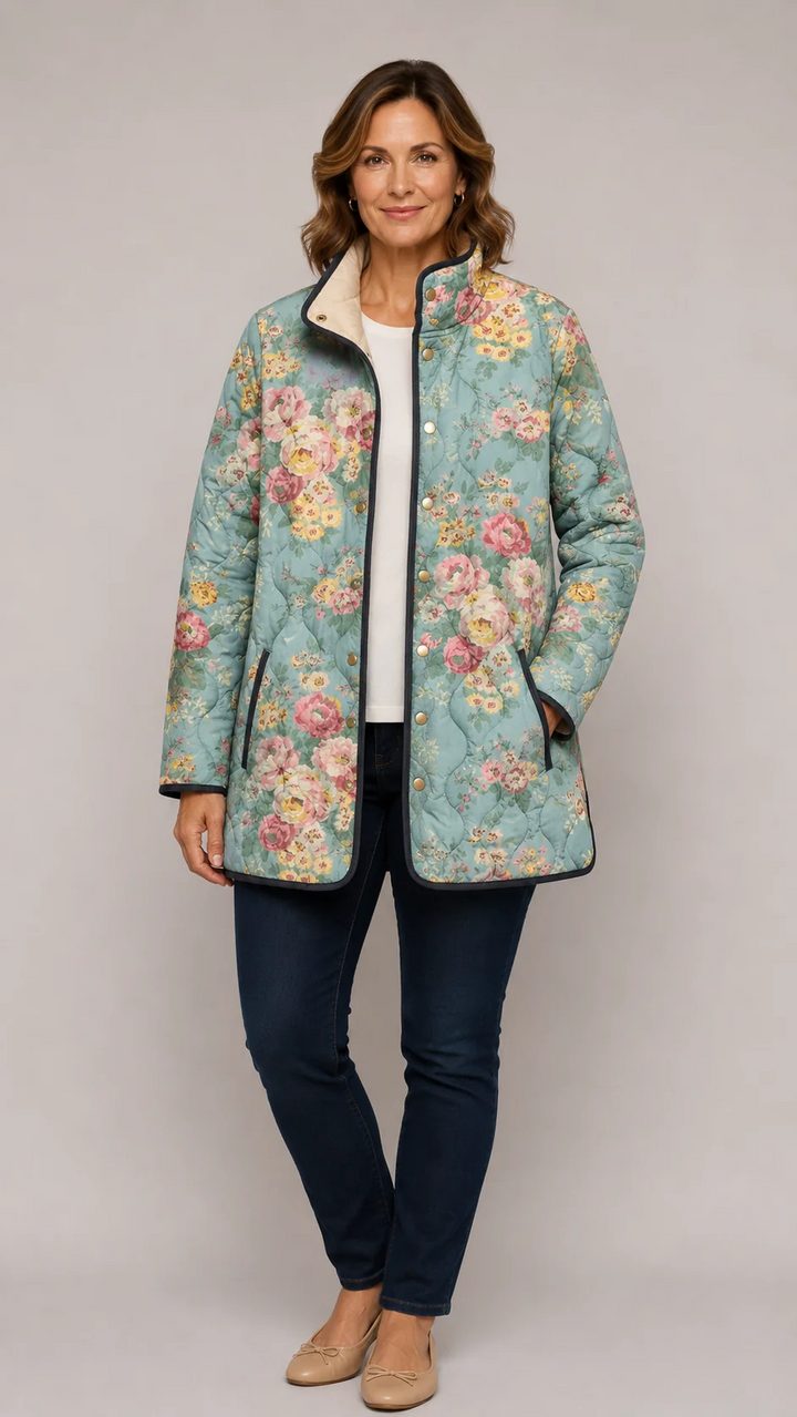 Ainsley™ quilted floral print jacket, teal with pink roses, zip front and side pockets