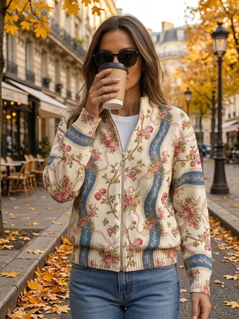 Zip cardigan with cream floral paisley pattern, blue bands, stand collar, long sleeves
