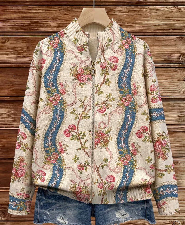 Back view zip cardigan on hanger, cream paisley floral print with blue decorative stripes