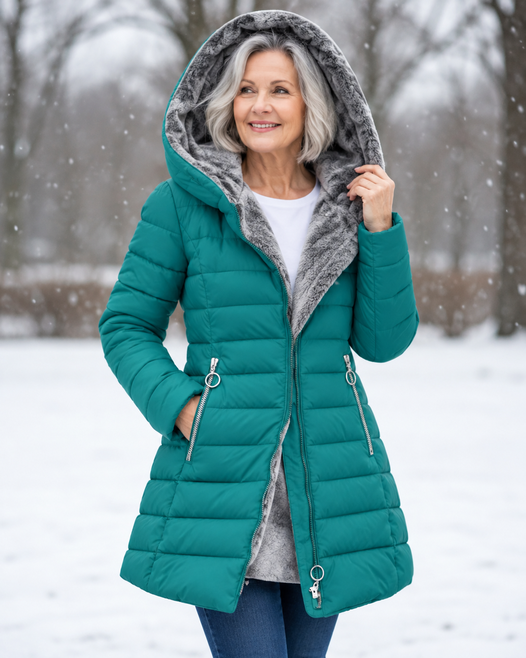 Women's winter coat with hood, teal quilted puffer, gray faux-fur hood trim, front zipper.