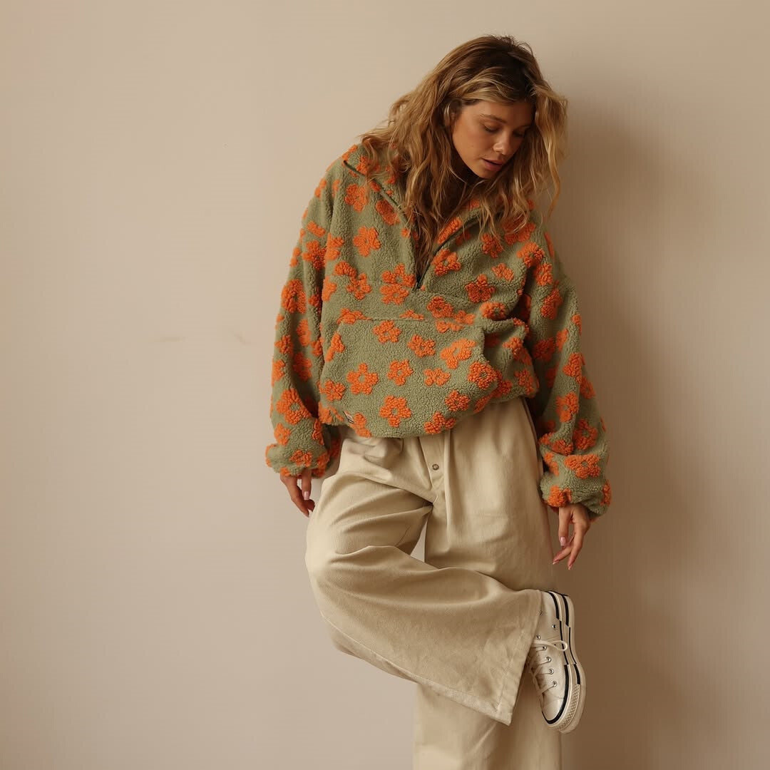 Floral fleece half-zip pullover with hood, sage green with orange flower print