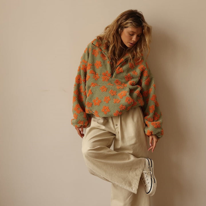 Floral fleece half-zip pullover with hood, sage green with orange flower print