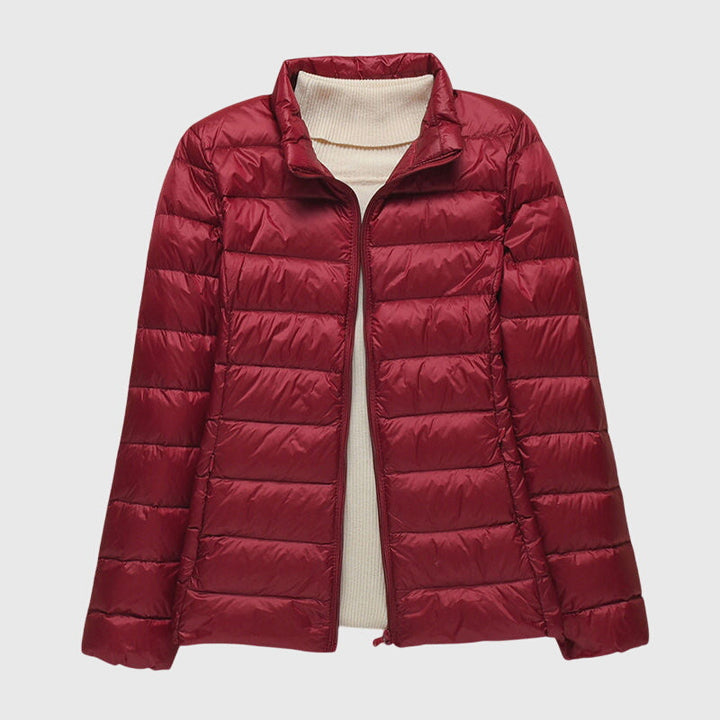Burgundy ultralight puffer jacket, full-zip with stand collar and ribbed hem