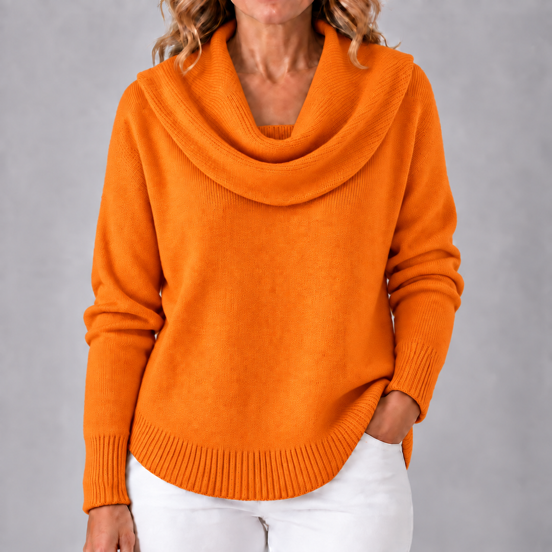 Orange cowl neck knit sweater with draped cowl, long sleeves, ribbed cuffs and hem