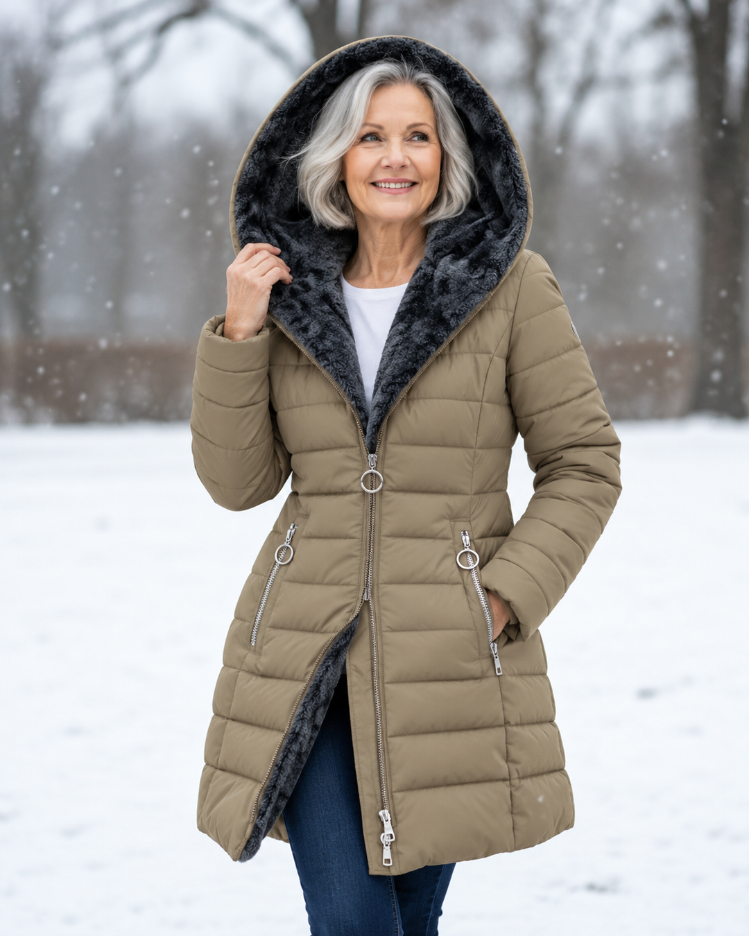 Women's winter coat with hood, khaki quilted puffer, dark faux-fur hood trim, zipper front.