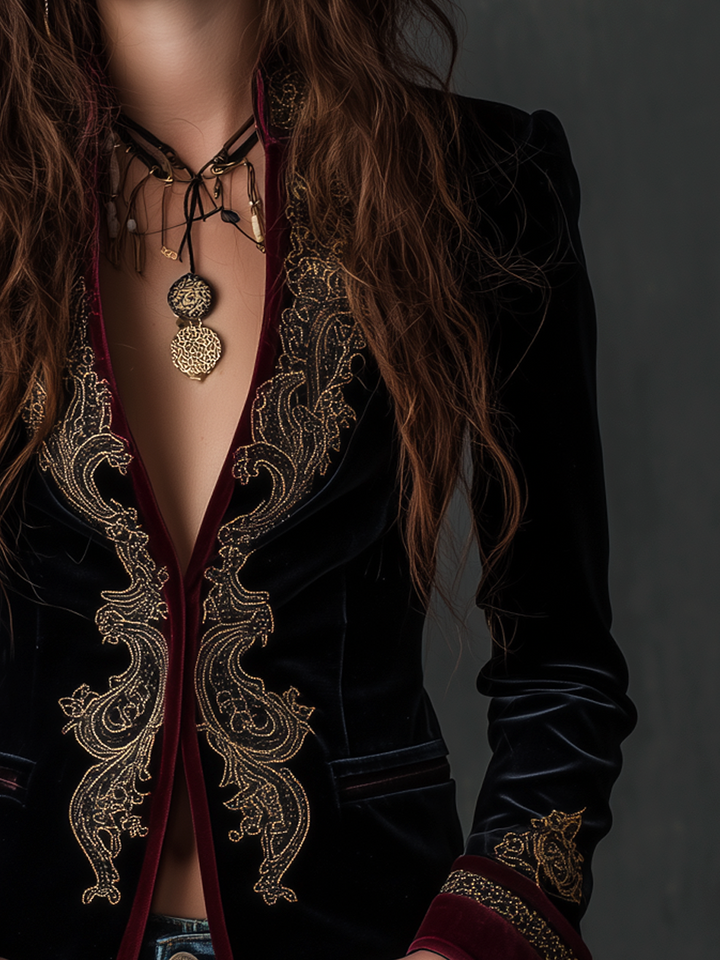 Embroidered velvet blazer with gold baroque embroidery along the front, black