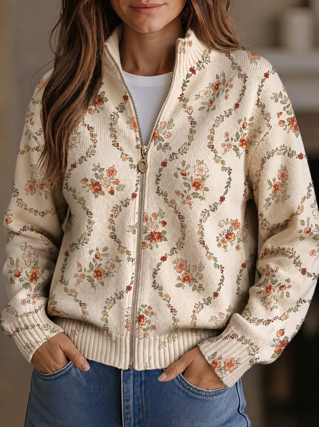 Clara™ floral zip cardigan with beige knit and multicolor blooms, ribbed cuffs