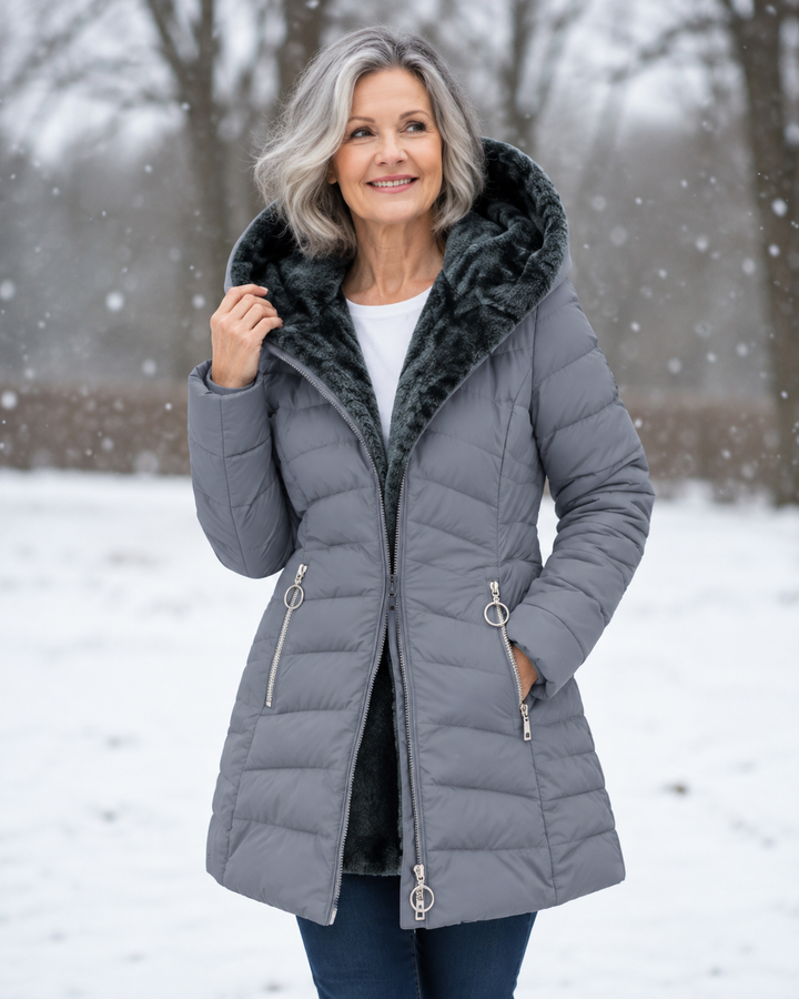 Women's winter coat with hood, gray quilted puffer, gray faux-fur hood lining, front zipper.