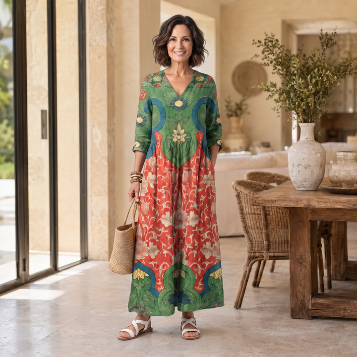 Sloane | Mixed Print V Neck Pocket Midi Dress