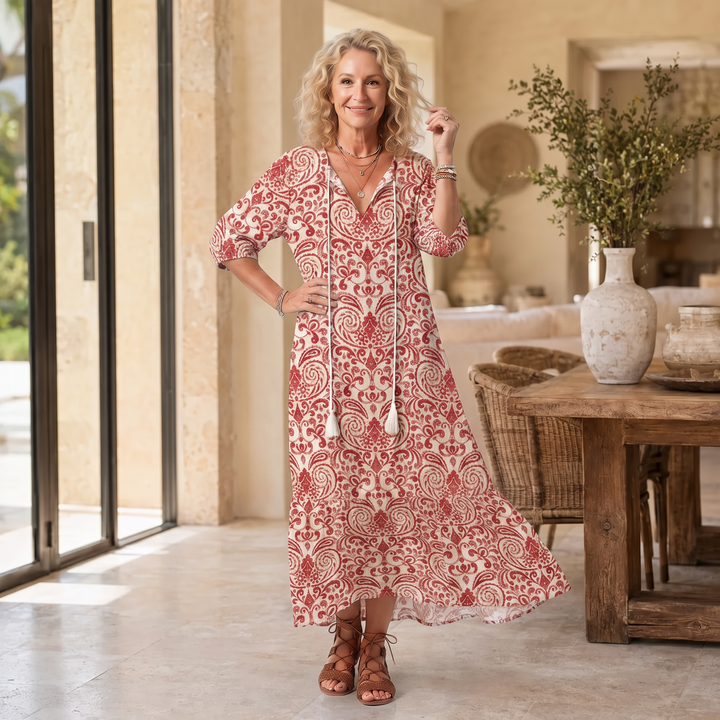Noelle | Ornate Print Tassel Tie Midi Dress
