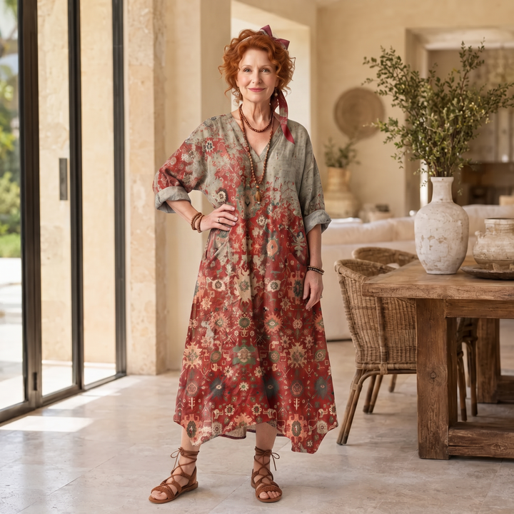 Saffron | Mixed Pattern Relaxed Pocket Midi Dress