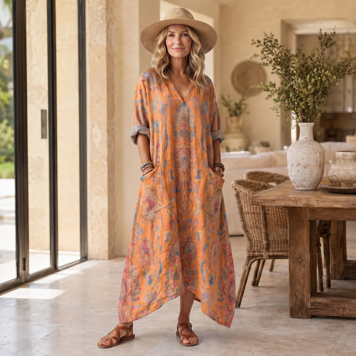 Remi | Notch Neck Printed Oversized Pocket Midi Dress