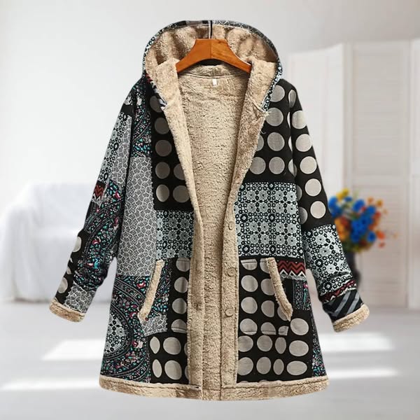 Mid-season coat with patterned panels, beige fleece lining, and button placket