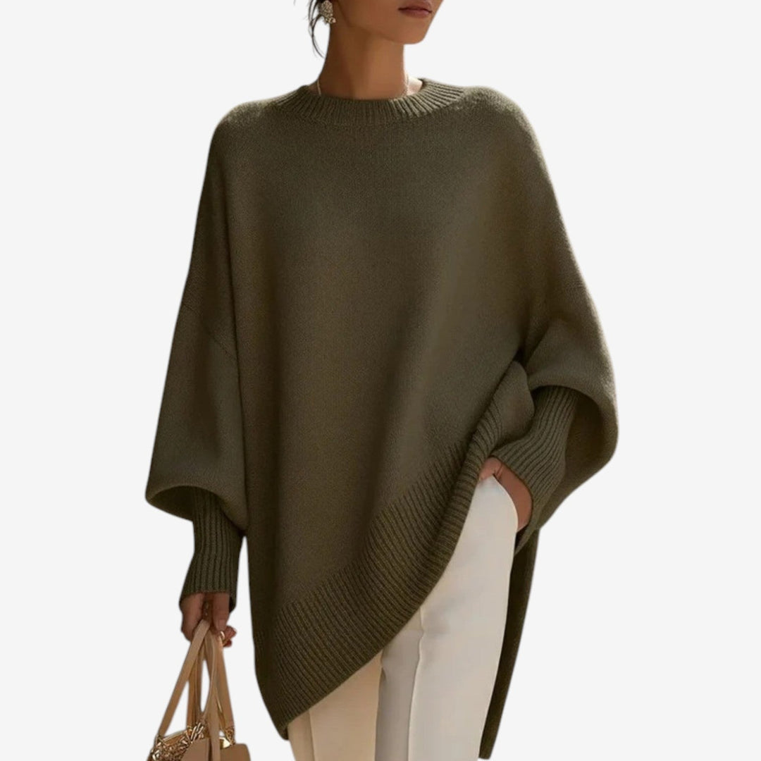 Olive asymmetric draped knit poncho with ribbed crew neckline and side drape