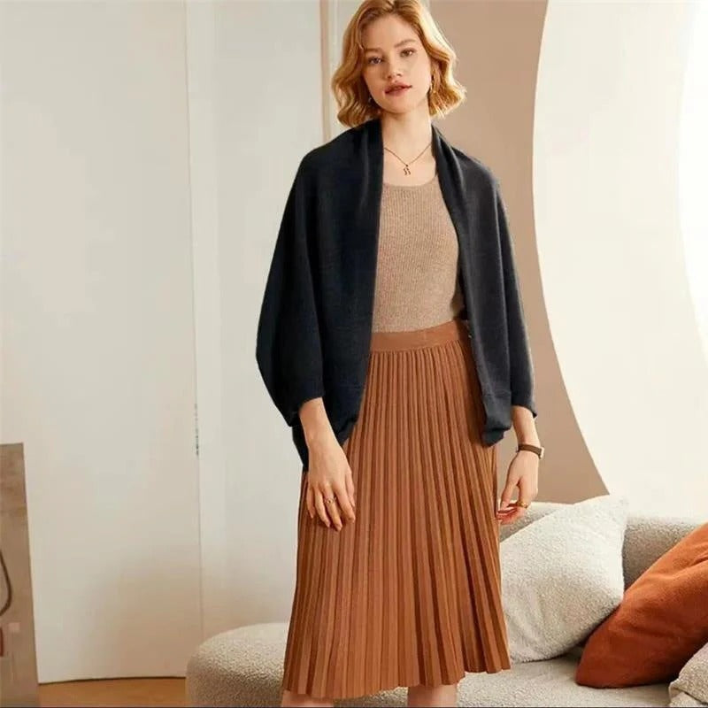 Black merino wool shawl worn open-front with loose, draped shape