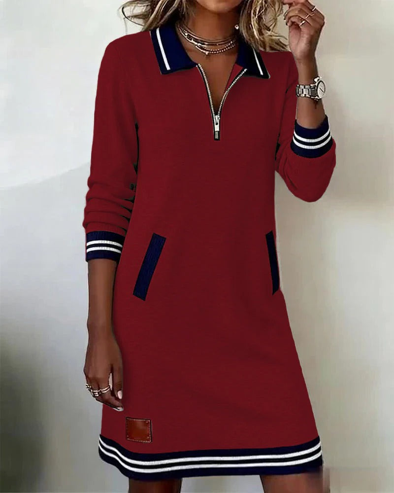 Long sleeve cotton shirt dress, burgundy red with zip placket and striped trim