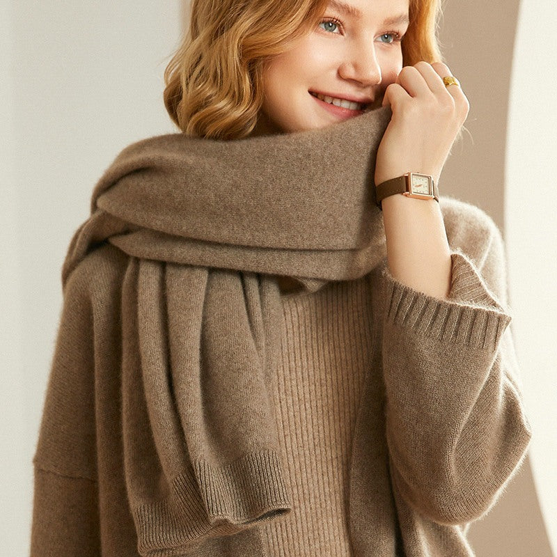 Taupe merino wool shawl with soft cowl-like fold around the neck